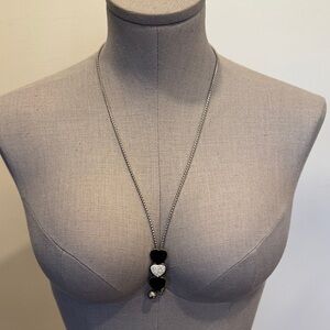 Silver-Tone Long Necklace with Black & Rhinestone Heart Pendant